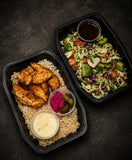 Roast Chicken Tenderloins with Fattoush, Brown Rice, Pickles and Creamy Garlic Sauce